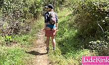 Girlfriend's big tits and ass bounce while hiking